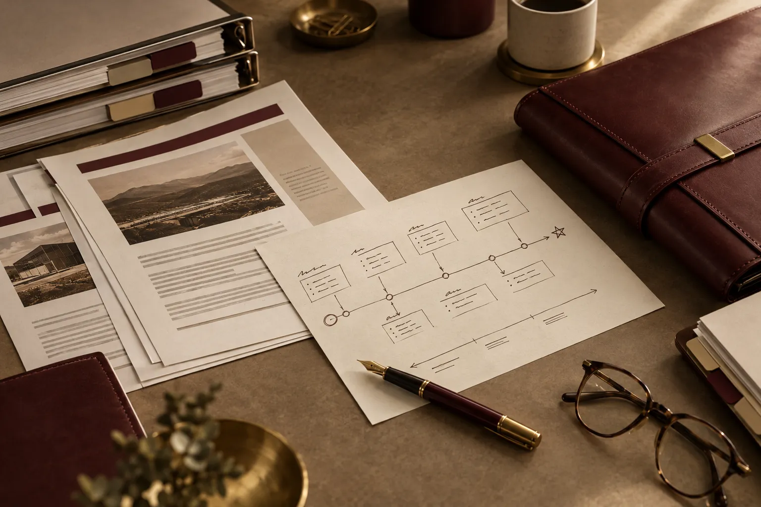 Capture planning documents, a pursuit timeline and a brass pen on a strategy table